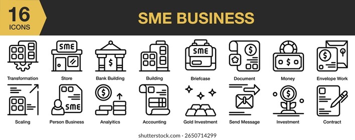 Conjunto de iconos de negocios. Incluye negocios, pymes, emprendedores, tiendas, tiendas y más. Colección de Vector de iconos de contorno.