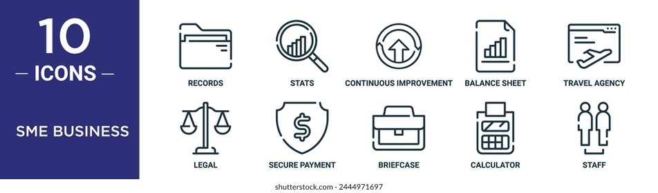 sme business outline icon set includes thin line records, stats, continuous improvement, balance sheet, travel agency, legal, secure payment icons for report, presentation, diagram, web design