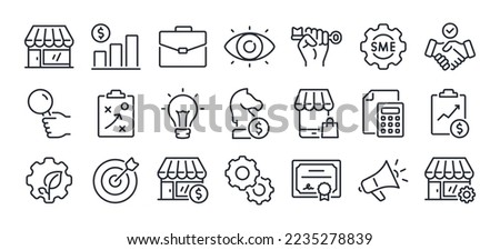 SME concept small and medium sized enterprises related editable stroke outline icons set isolated on white background flat vector illustration. Pixel perfect. 64 x 64.