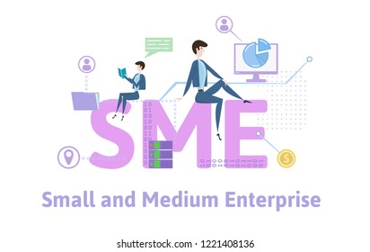 SME, Small and Medium Enterprise. Concept with people, letters and icons. Colored flat vector illustration on white background.