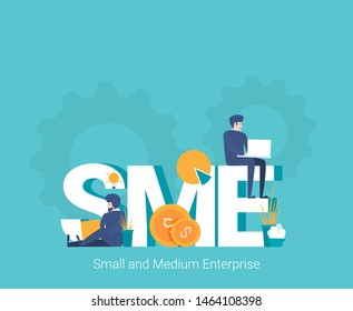 SME, Small and Medium Enterprise. Concept with people, letters and icons. 