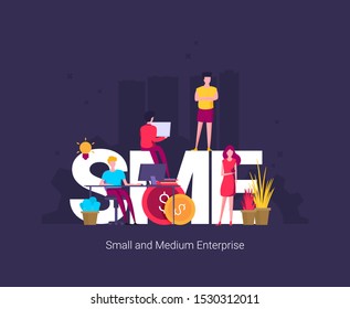 SME, Small and Medium Enterprise. Concept with people, letters and icons. 