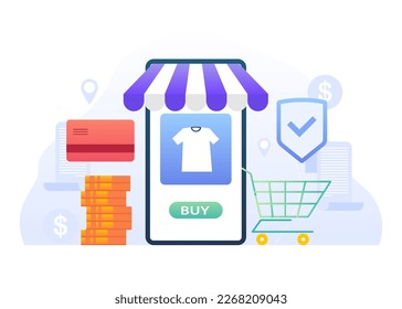 SME vector illustration, Small and Medium Enterprise, business concept. led shop banner with hood, shopping basket, credit card, and coin next to screen. phone screen with tshirt and marketplace view