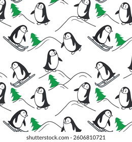 Smealess pattern Penguins Sledding on Snowy Hills with Green Trees