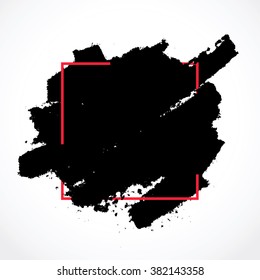 Smear ink brush in the red square frame. Fashionable design. Vector illustration on white-gray background, painted by hand.