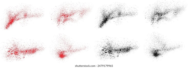 Difuminar trazo de pincel de tinta. Conjunto de fondo de pincelada aislado de color rojo y negro salpicado