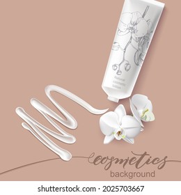 A smear of white cream with a tube of cream and white orchids. Hand cream. Beauty Background Element, a template for presenting a cosmetic product