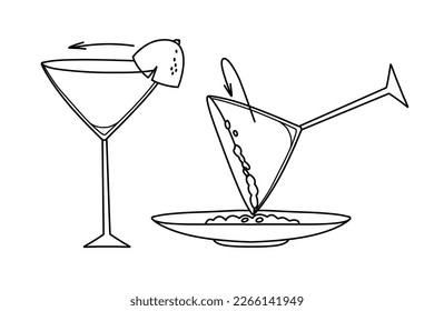 Smearing the edge of the glass with lime juice and rimming the glass with salt in line art