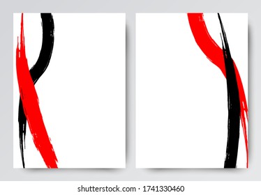 Smears of black and red paint on a white background. Vector set of abstract design backgrounds in modern Asian style.