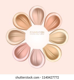 Smears of foundation for face. Smear make-up cream drops, vector illustration. A realistic liquid tone. Cosmetic liquid vector elements. Abstract flower from cosmetic cream smears.