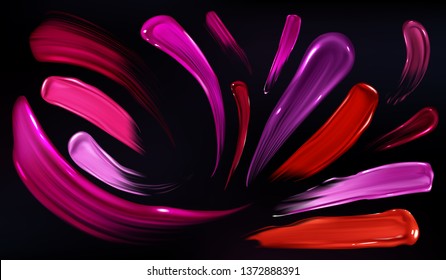 Smears of lipstick, nail polish or paint set isolated on black background. Beauty cosmetics colorful collection of brush stroke elements, abstract splash trace shapes. Realistic 3d vector illustration