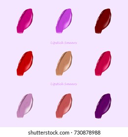 Smears of lipstick set. Cosmetic illustration smears of lipstick for use in product design. Realistic lipstick in different colors. Vector illustration
