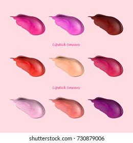 Smears of lipstick set. Cosmetic illustration smears of lipstick for use in product design. Realistic lipstick in different colors. Vector illustration