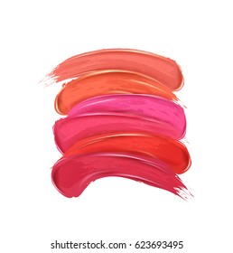 Smears lipstick set, isolated on white background. Beauty and cosmetics colorful collection,  brush stroke Template, card. Hand drawn elements, Vector illustration.