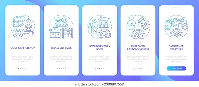 SMED advantages blue gradient onboarding mobile app screen. Company efficiency walkthrough 5 steps graphic instructions with linear concepts. UI, UX, GUI template. Myriad Pro-Bold, Regular fonts used