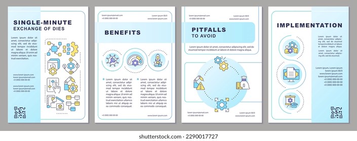 SMED blue gradient brochure template. Lean manufacturing. Leaflet design with linear icons. Editable 4 vector layouts for presentation, annual reports. Arial, Myriad Pro-Regular fonts used