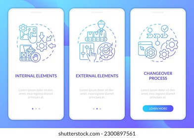 SMED concepts blue gradient onboarding mobile app screen. Changeover process walkthrough 3 steps graphic instructions with linear concepts. UI, UX, GUI template. Myriad Pro-Bold, Regular fonts used