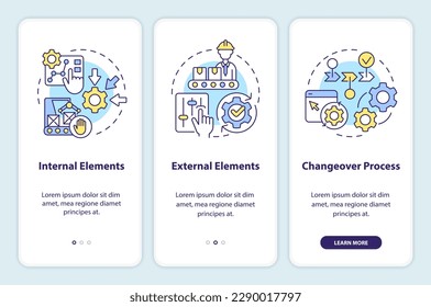 SMED concepts onboarding mobile app screen. Lean manufacturing walkthrough 3 steps editable graphic instructions with linear concepts. UI, UX, GUI template. Myriad Pro-Bold, Regular fonts used