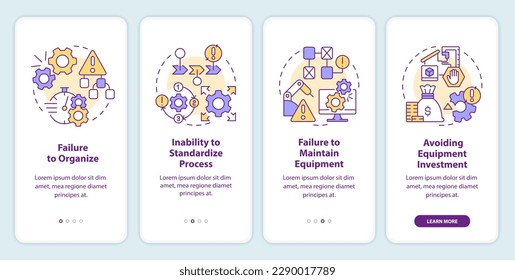 SMED pitfalls to avoid onboarding mobile app screen. Lean business walkthrough 4 steps editable graphic instructions with linear concepts. UI, UX, GUI template. Myriad Pro-Bold, Regular fonts used