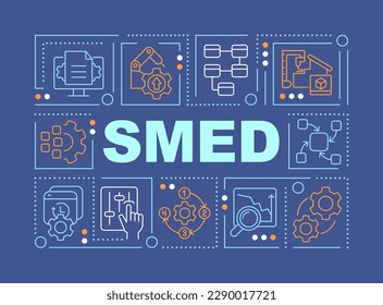 SMED Wort Konzepte dunkelblaue Banner. Lean Manufacturing. Infografiken mit bearbeitbaren Symbolen auf Farbhintergrund. Alleinstehende Typografie. Vektorgrafik mit Text. Arial-Black-Schriftart verwendet