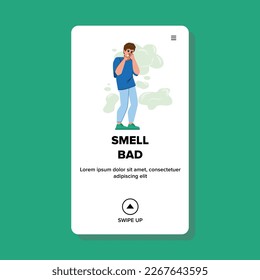 smell bad vector. disgust girl, nose expression, female person, breath adult, fart face, odor smell bad web flat cartoon illustration