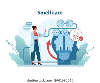 Smell Care Awareness Illustration. An expert demonstrates methods to maintain a healthy sense of smell, highlighting olfactory care in a vibrant, informative vector design.