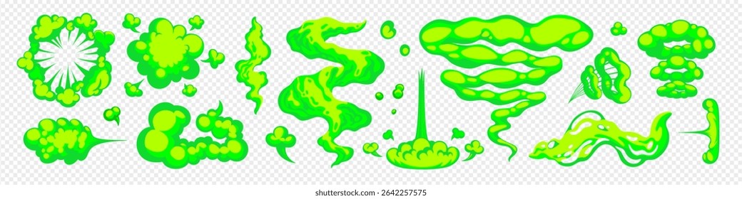 Smell cloud with cartoon smoke in fluorescent green neon colors isolated on transparent background. Stink and odor vector cloud with comic-style effects. Great for humor, games, and stickers
