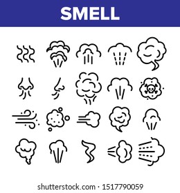 Smell Cloud Collection Elements Icons Set Vector Thin Line. Smell Of Cooking Food Vapour Smoke, Gas Steam And Human Smelling Concept Linear Pictograms. Monochrome Contour Illustrations