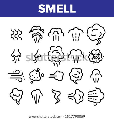 Smell Cloud Collection Elements Icons Set Vector Thin Line. Smell Of Cooking Food Vapour Smoke, Gas Steam And Human Smelling Concept Linear Pictograms. Monochrome Contour Illustrations Foto d'archivio © 