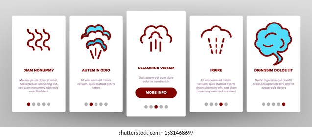 Smell Cloud Onboarding Mobile App Page Screen Vector Thin Line. Smell Of Cooking Food Vapour Smoke, Gas Steam And Human Smelling Concept Linear Pictograms. Contour Illustrations