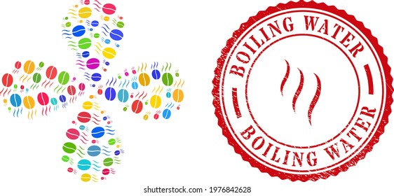Smell coffee bean bright centrifugal burst, and red round BOILING WATER grunge stamp seal. Smell coffee bean symbol inside round stamp imitation.