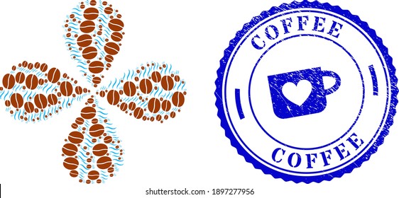 Smell coffee bean swirl flower cluster, and blue round COFFEE corroded stamp seal with icon inside. Object flower with 4 petals designed from oriented smell coffee bean symbols.