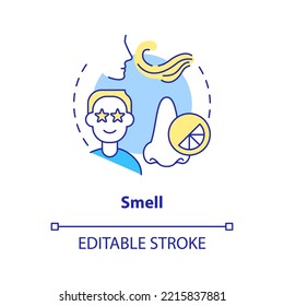 Smell Concept Icon. Sensory Receptor In Marketing Abstract Idea Thin Line Illustration. Scent Branding. Choosing Fragrance. Isolated Outline Drawing. Editable Stroke. Arial, Myriad Pro-Bold Fonts Used