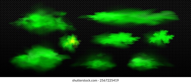 Smell effect set with green mist formations - transparent vaporous clouds with ethereal glow on dark background. Various floating shapes of ghostly emerald fog for toxic, poison or magical design.