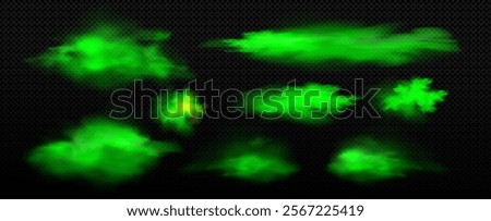 Smell effect set with green mist formations - transparent vaporous clouds with ethereal glow on dark background. Various floating shapes of ghostly emerald fog for toxic, poison or magical design.