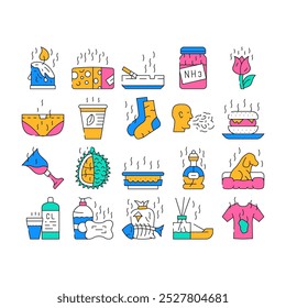 Smell Feel And Sense Collection Icons Set Vector. Cheese And Flowers, Smoking And Garbage Smell, Ammonia And Aroma Candles, Durian And Dog color Contour Illustrations
