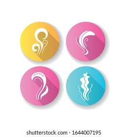Smell flat design long shadow glyph icons set. Good and bad scent. Fluid odor, perfume scent. Stinky stench. Aromatic fragrance curves. Smoke stream, fume swirls. Silhouette RGB color illustration