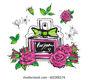 Smell and fragrance of classic french perfume, white flowers, roses, flower buds, green leaves. Green natural makeup and accessories stickers and patches collection. Vector fashion illustration