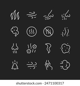 Smell icon set, white on black background. Fragrance symbols, odor sensations, pleasant, unpleasant scents. Customizable line thickness