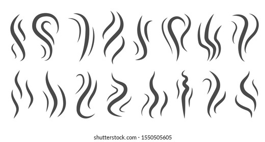 Smell icons. Heating, aroma perfume pictograms, fume and stink tails. Cigarette evaporation steam, kitchen odour smoke symbols vector hot smoking silhouette set