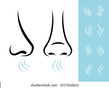 Smell icons with human nose and air. Breathing and aroma vector icons set