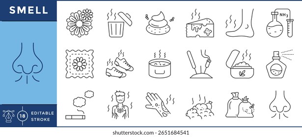 Smell icons set. Good and Bad smell, perfume, trash, flower, cooking, nose, ammonia, and many more. Vector editable stroke.