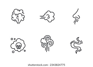 Smell icons, smoke steam and nose smelling odor scent, vapour or vapor, vector line symbols.