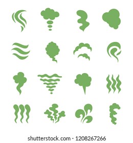 Smell icons. Steaming stench, vapor and cooking steam. Green expired food odor isolated symbols. Green smell smoky, aroma mist and shitty toxic illustration