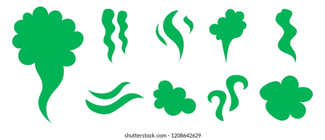 Smell icons. Steaming stench, vapor and cooking steam. Green expired food odor isolated symbols. Green smell smoky, aroma mist and shitty toxic illustration for your web design.