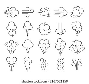 Smell icons. Wind flow, breathe aroma and puff cloud line art symbols. Smoking and breath vector illustration set of icons aroma and scent, puff and flow