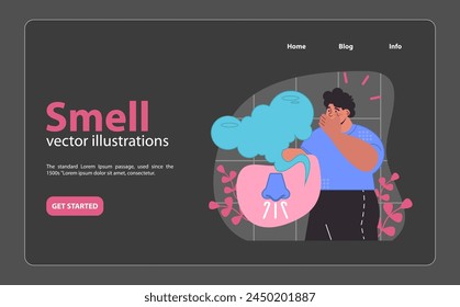 Smell illustration. Man enjoying the complex world of scents, highlighting the olfactory system's role in sensory experience. Flat vector illustration.