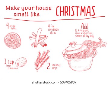 Smell like Christmas recipe. Vector sketch illustration. Hand drawn ingredients for Holidays home fragrance. Orange, cinnamon, rosemary,  pot