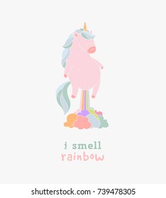 I smell like unicorn typography greeting card. Funny vector illustration flying unicorn farting rainbow. Magic cute card set with a wish for holiday, doodle nursery art