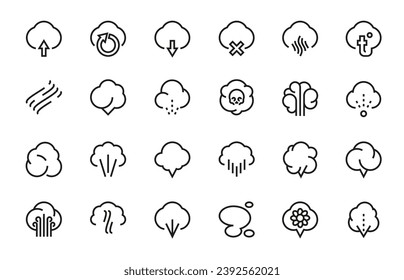 Smell line icons. Outline smell elements for logo design, breath smoke fog steam aroma fume and odor symbol. Vector breath pictograms collection of smell icon line illustration